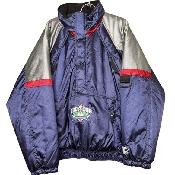 STARTER Other - Vintage 1998 Starter Jacket Mens Large Grey Cup Hood Quarter Zip Pullover Chunky